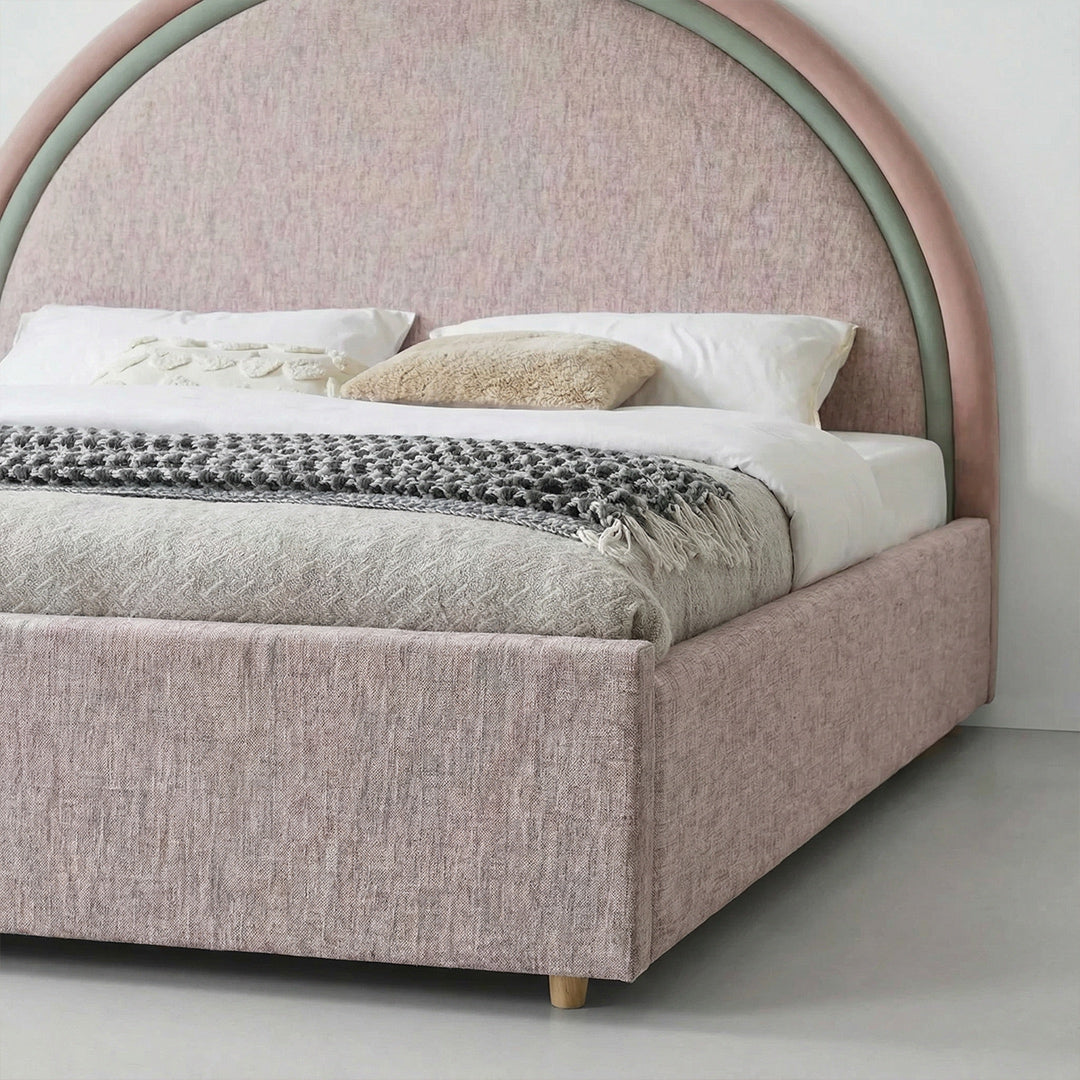 French Retro Round Center Upholstered Bed, Chenille Fabric Platform Bed with High Curved Headboard for Bedroom