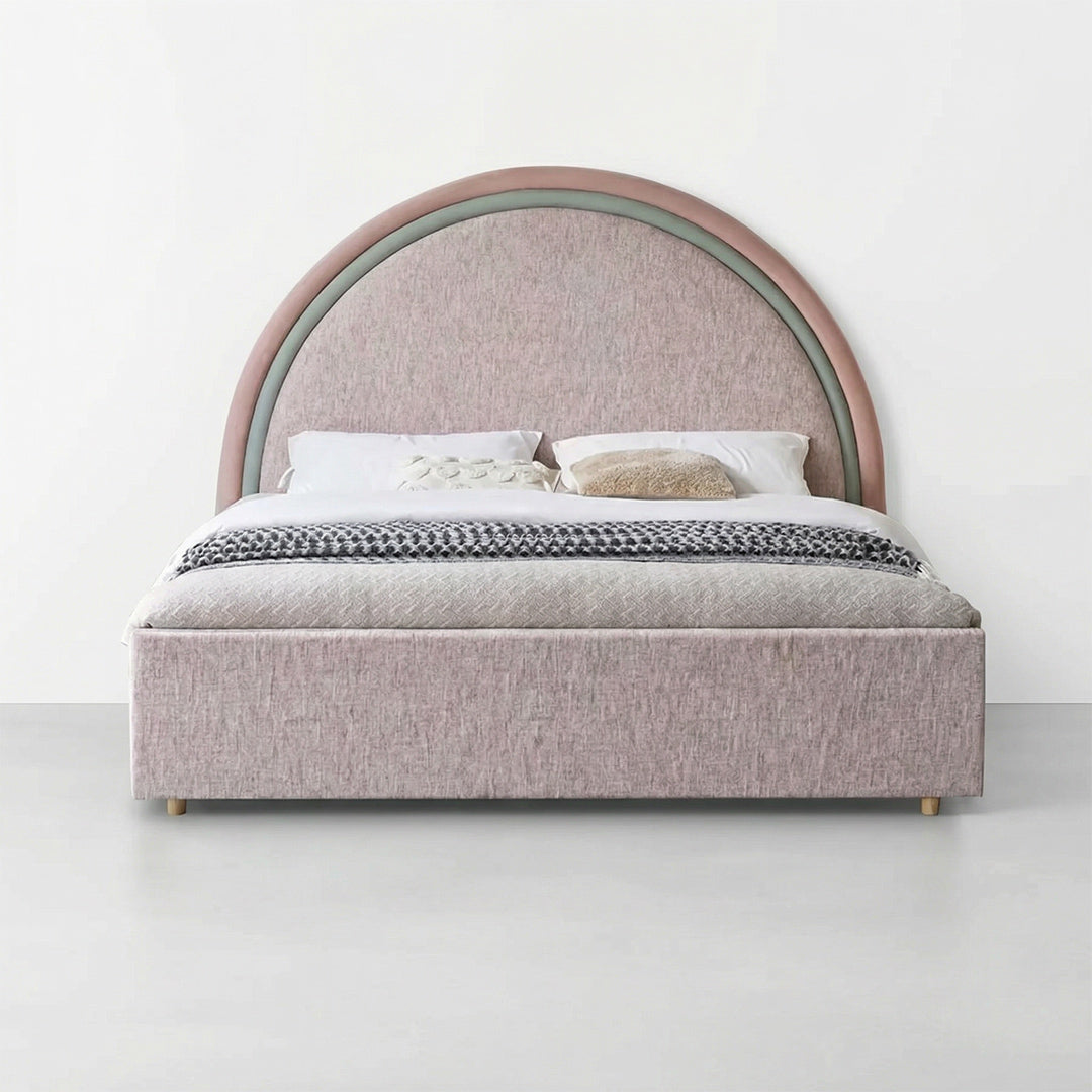 French Retro Round Center Upholstered Bed, Chenille Fabric Platform Bed with High Curved Headboard for Bedroom
