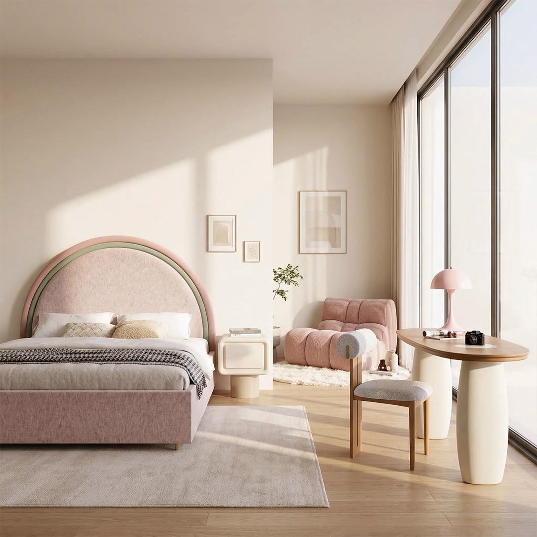 French Retro Round Center Upholstered Bed, Chenille Fabric Platform Bed with High Curved Headboard for Bedroom