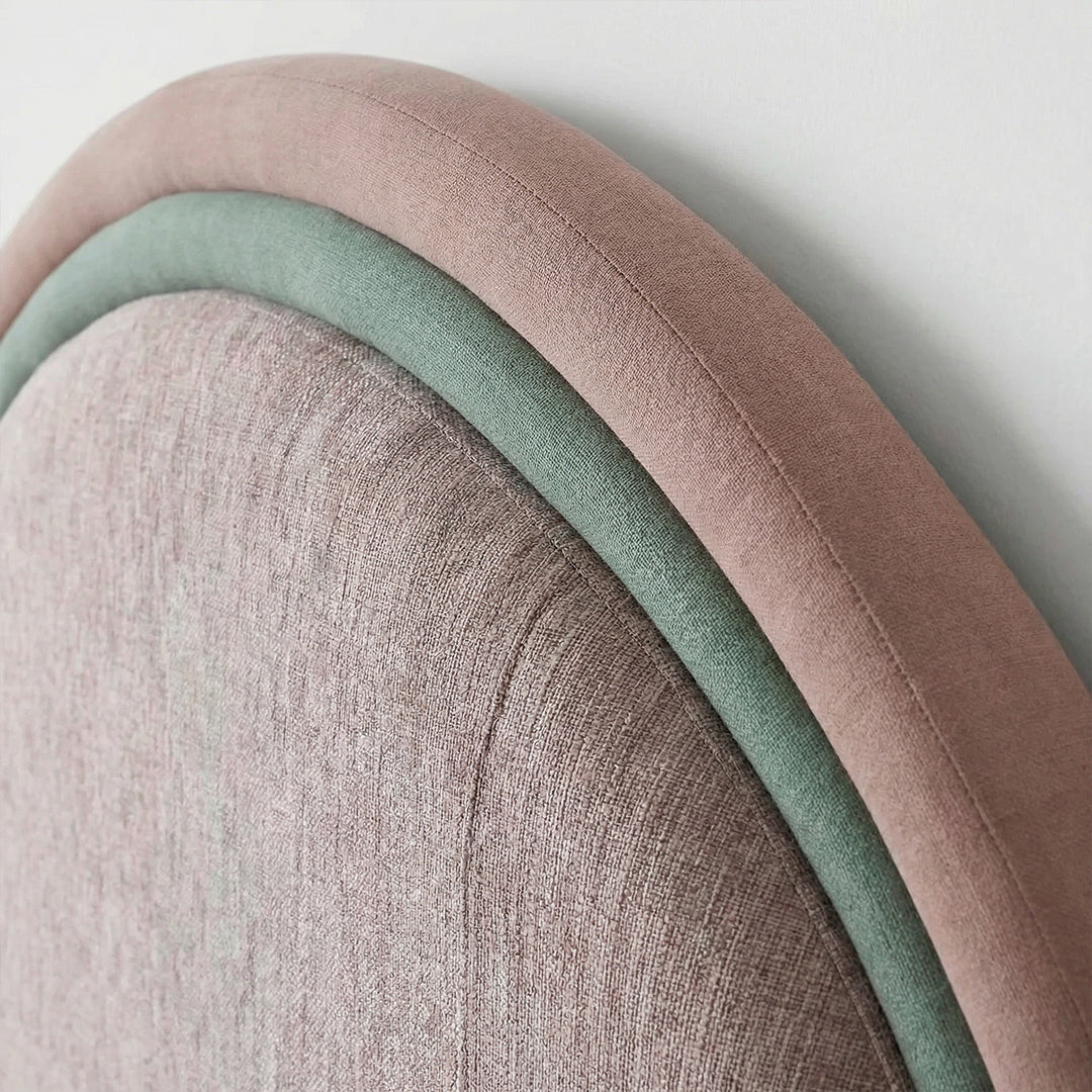 French Retro Round Center Upholstered Bed, Chenille Fabric Platform Bed with High Curved Headboard for Bedroom
