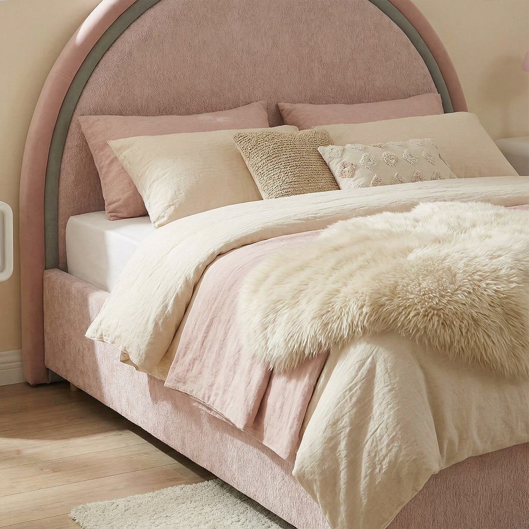 French Retro Round Center Upholstered Bed, Chenille Fabric Platform Bed with High Curved Headboard for Bedroom