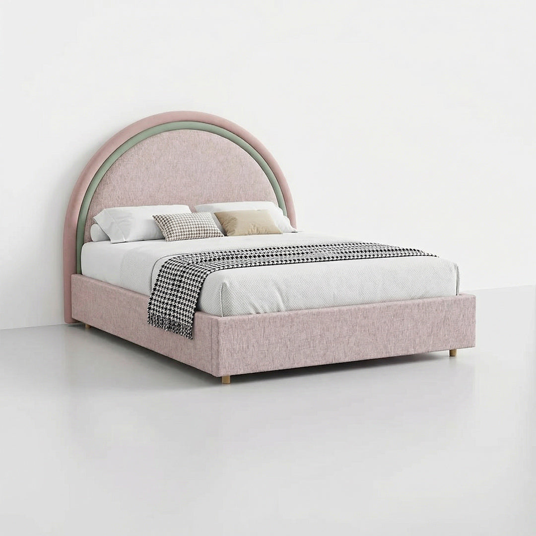 French Retro Round Center Upholstered Bed, Chenille Fabric Platform Bed with High Curved Headboard for Bedroom