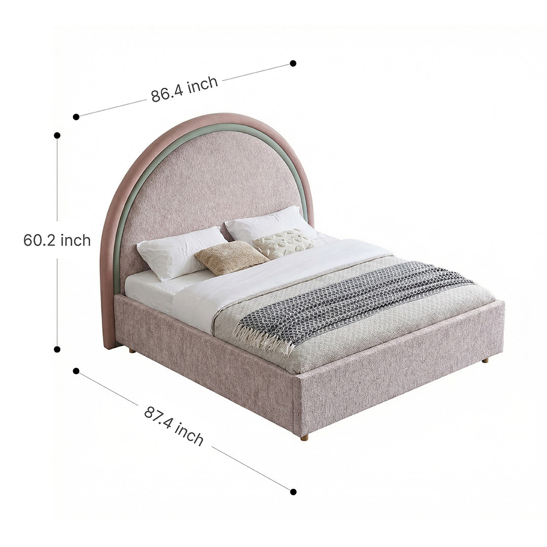French Retro Round Center Upholstered Bed, Chenille Fabric Platform Bed with High Curved Headboard for Bedroom