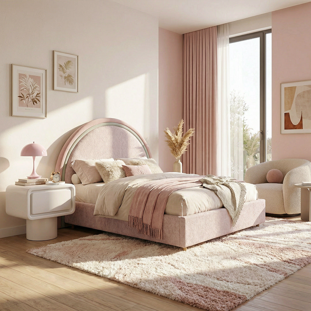 French Retro Round Center Upholstered Bed, Chenille Fabric Platform Bed with High Curved Headboard for Bedroom