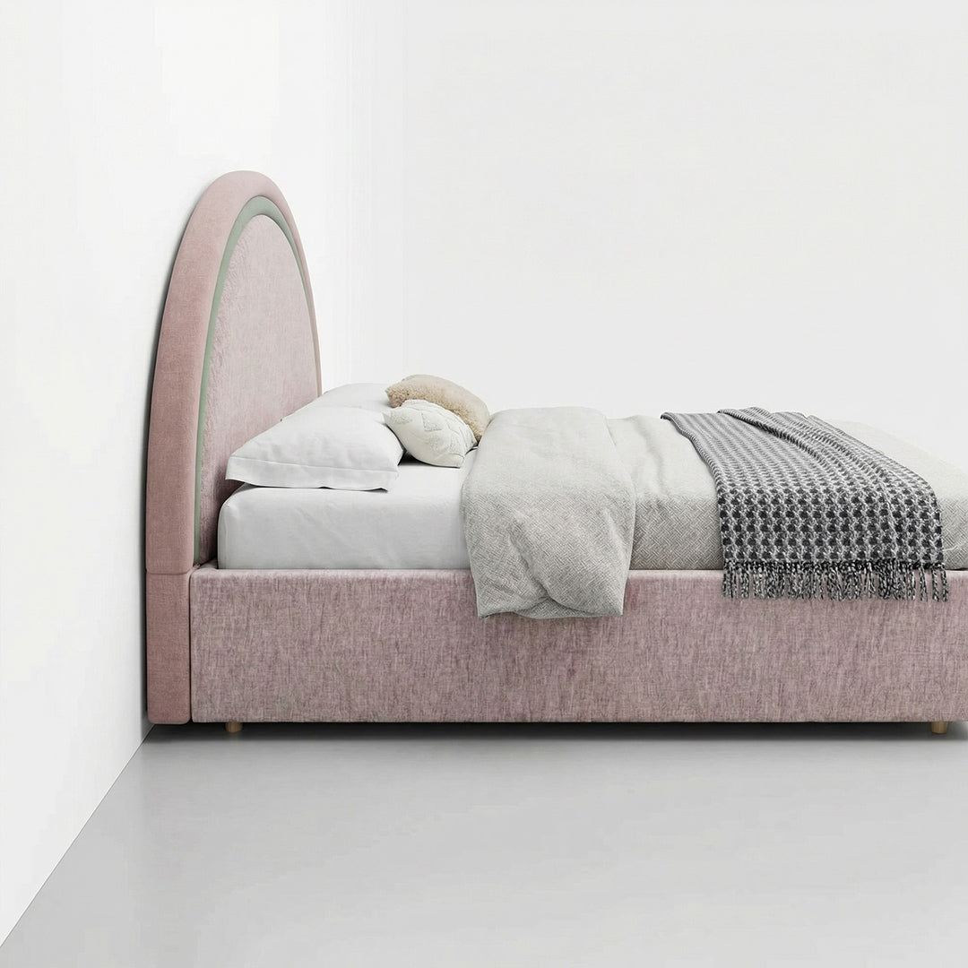 French Retro Round Center Upholstered Bed, Chenille Fabric Platform Bed with High Curved Headboard for Bedroom