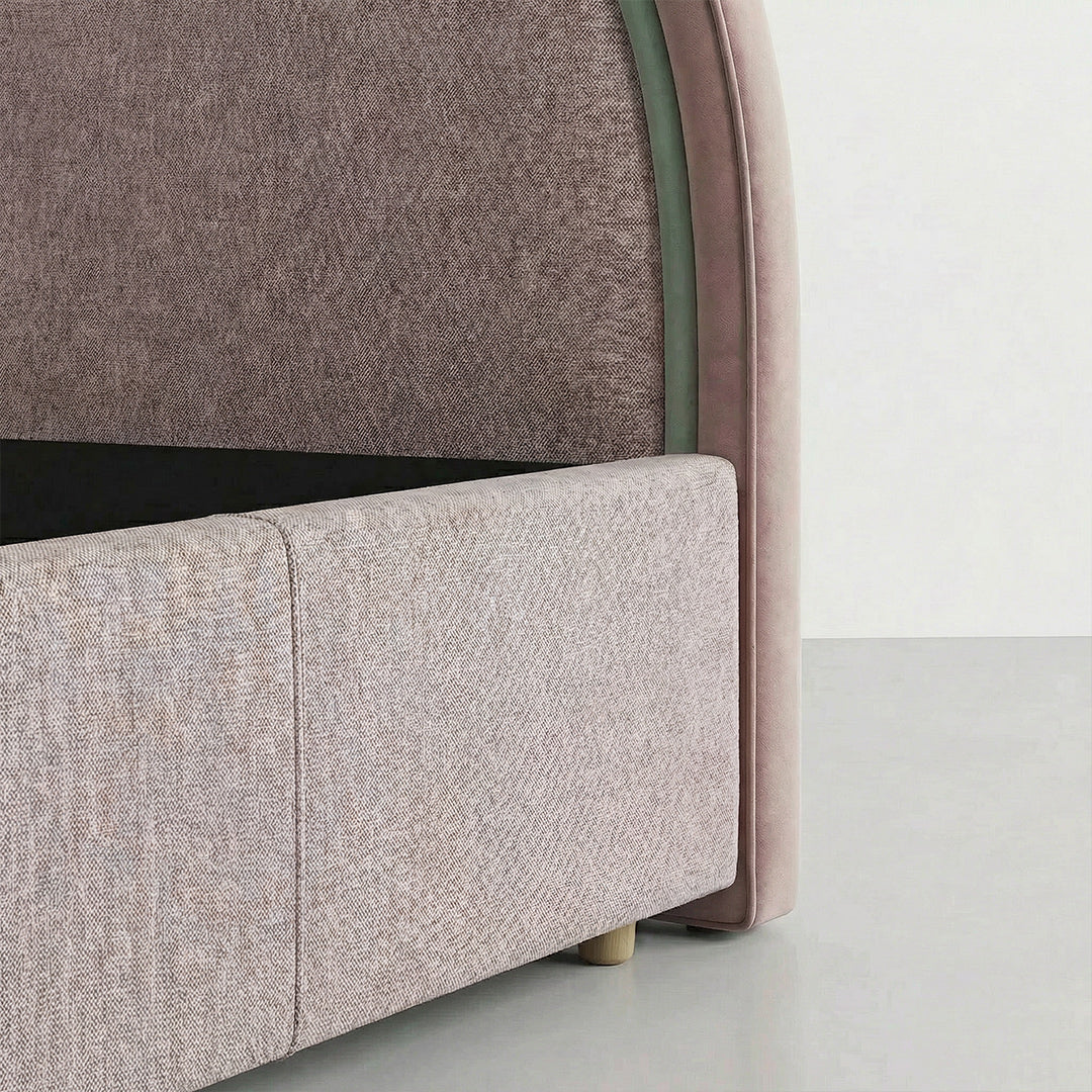 French Retro Round Center Upholstered Bed, Chenille Fabric Platform Bed with High Curved Headboard for Bedroom