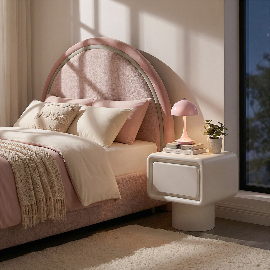 Mid-Century French Cream Cloud Nightstand, Modern Bedside Storage Cabinet with Drawer